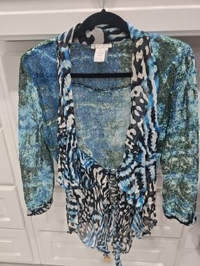 Alberto Makali Blue and Green Mixed Print Silk-Blend Top